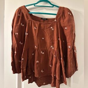 Madewell Brown Puff Sleeve Blouse with Smocked Tiered Design